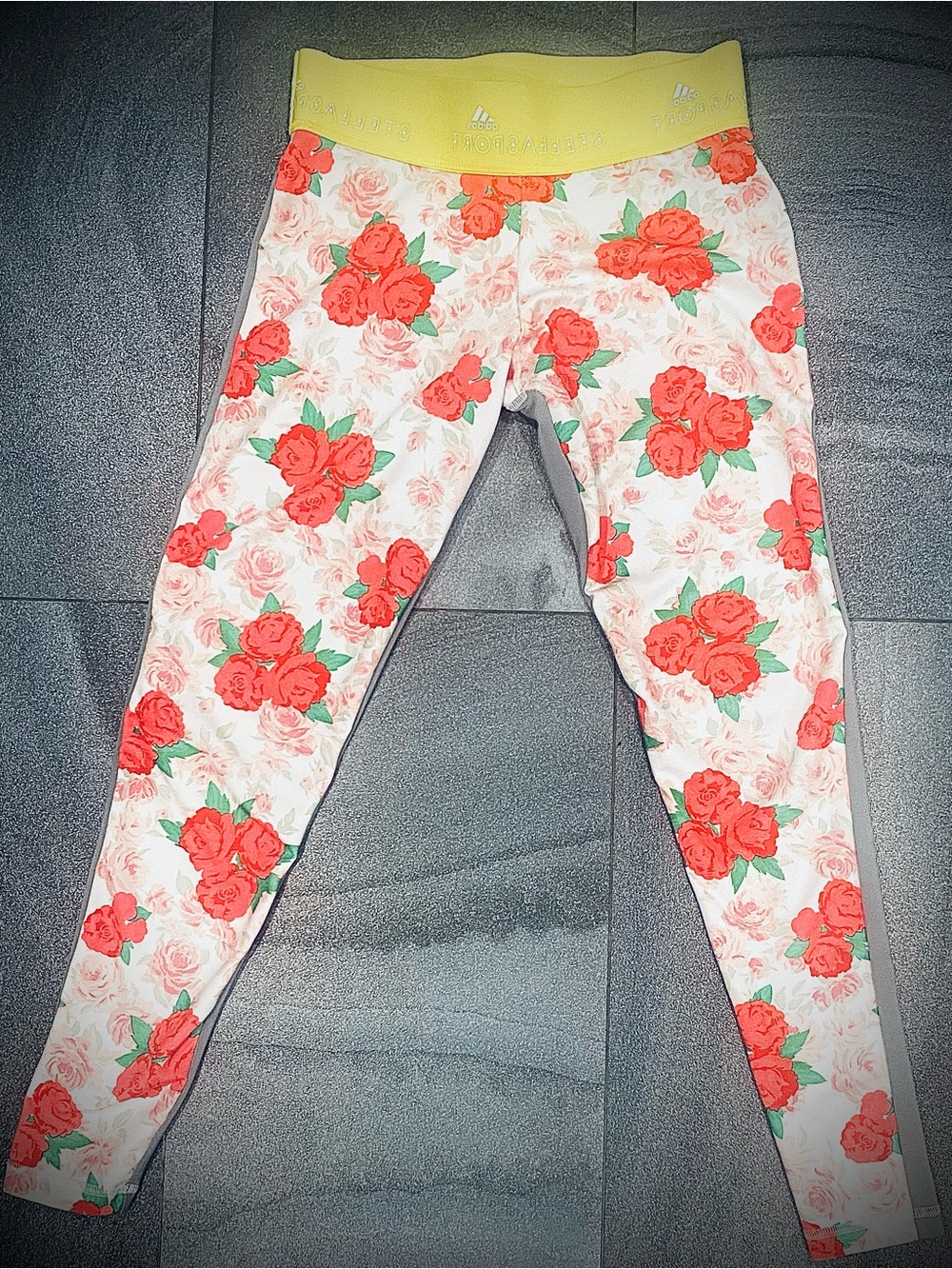 Adidas by Stella McCartney White Floral Leggings with Yellow Waistband